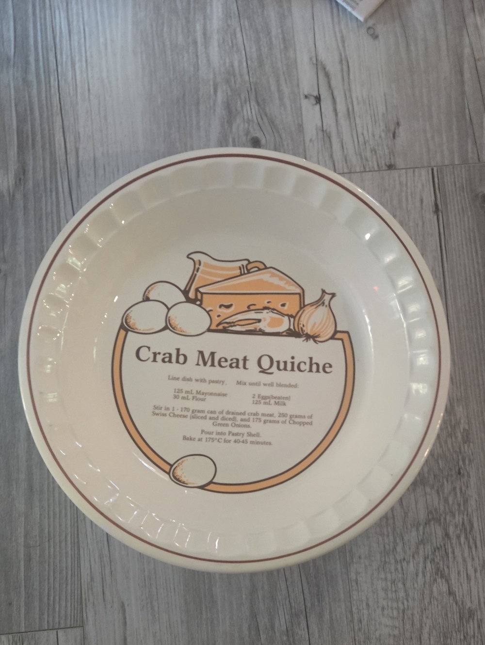 Vintage 1980s CE Springer Crab Meat Quiche Recipe Ceramic Pie Plate Dish Fluted